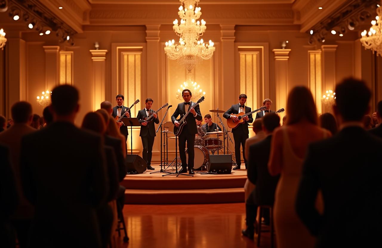 Banda de jazz tocando en una recepción elegante con iluminación cálida.